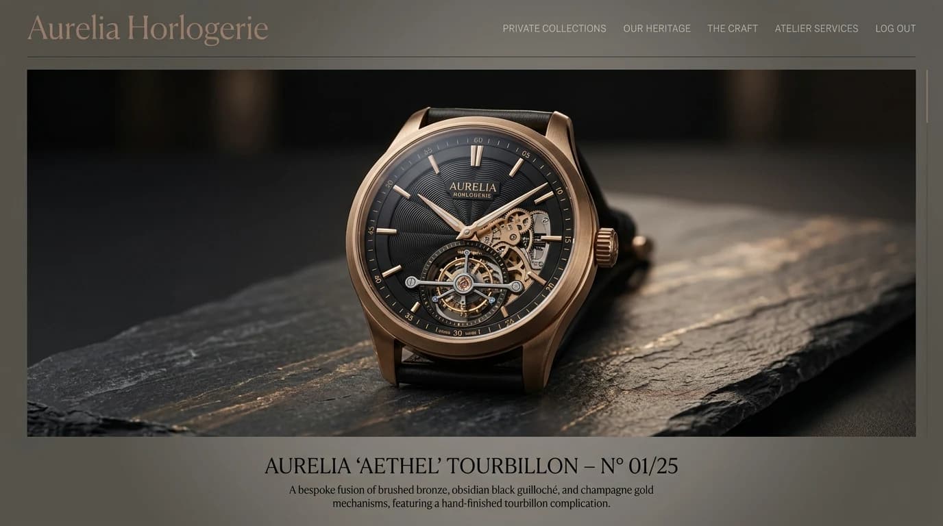 Aurelia Horlogerie bespoke tourbillon watch and private salon interface.