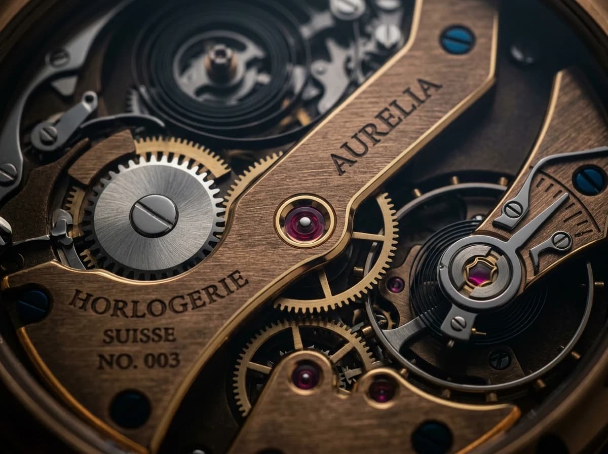 Macro close-up of brushed bronze bridges, chamfered champagne gold edges, and ruby jewels.
