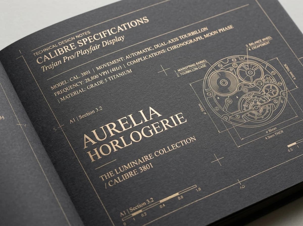 Aurelia Horlogerie bespoke serif typography specimen and calibre technical specifications.