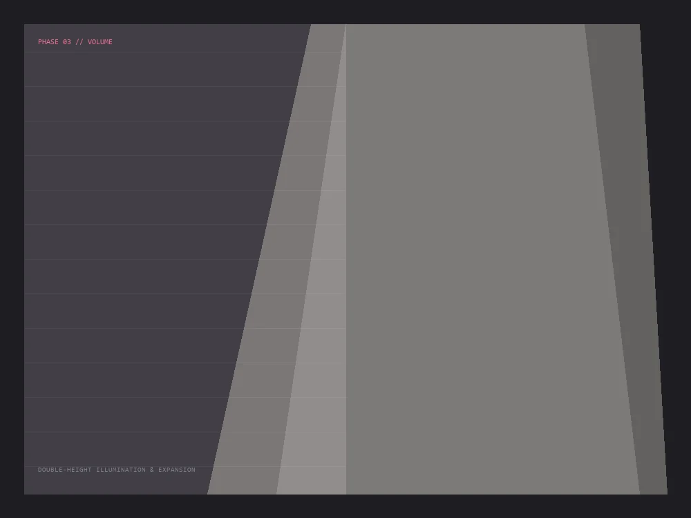 Valentine spatial sequence phase 03 volume showing double-height hall bathed in raking natural sunlight.