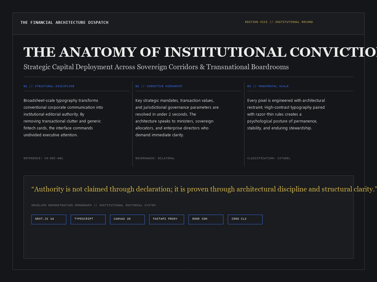 Vanguard & Co broadsheet-scale typography specimen showing financial headline hierarchy and architectural rules.