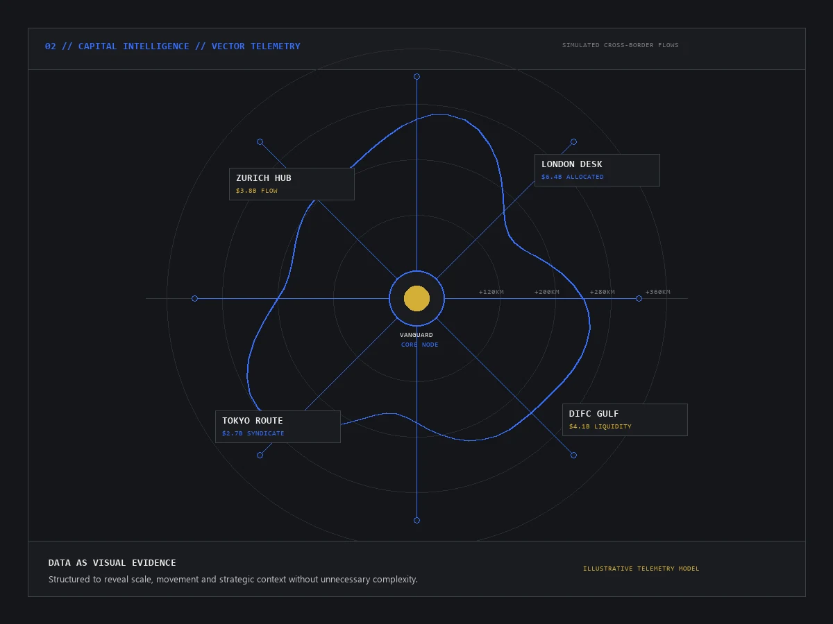 Vanguard & Co global capital flow visualization with vector nodes, curves, regional labels and simulated trade corridors.